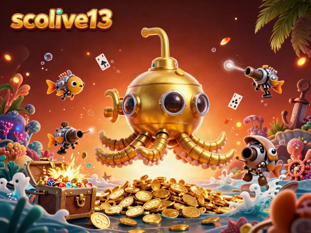 Engage in thrilling gameplay with socolive13's vibrant underwater scene, featuring a golden kraken submarine amidst winning treasures.