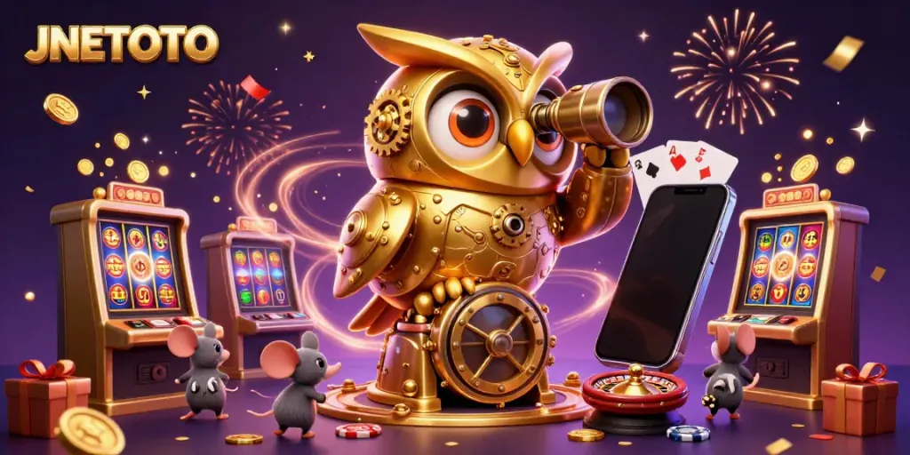 Experience thrilling gaming with JNETOTO's vibrant casino scene featuring a whimsical golden owl and slot games.