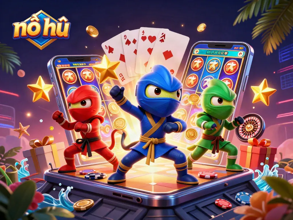 Engage in thrilling nổ hũ action with a vibrant 3D gambling scene featuring chameleons.