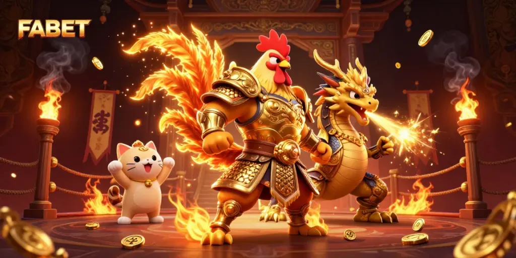 FABET offers thrilling gaming experiences featuring a powerful rooster warrior and dragon in a dynamic scene.