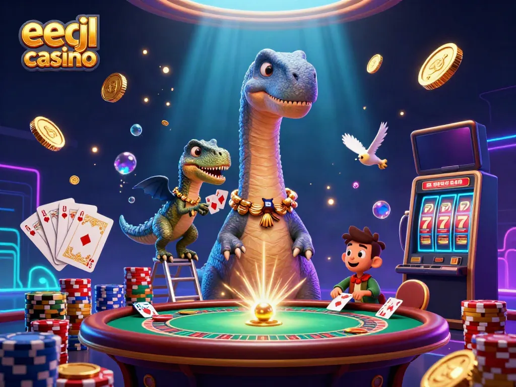 Experience eejl casino with a playful scene featuring a giant brontosaurus and a raptor dealer amidst vibrant casino elements.