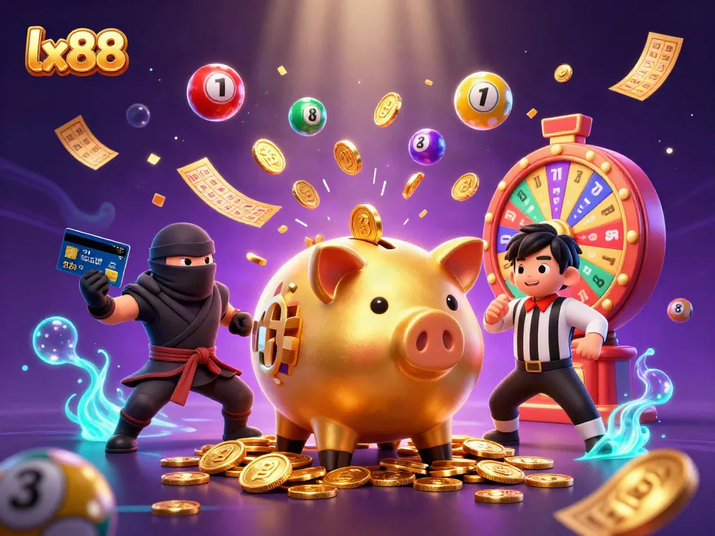 Experience the excitement of lx88 with a golden piggy bank sumo wrestler amidst casino elements and vibrant energy.