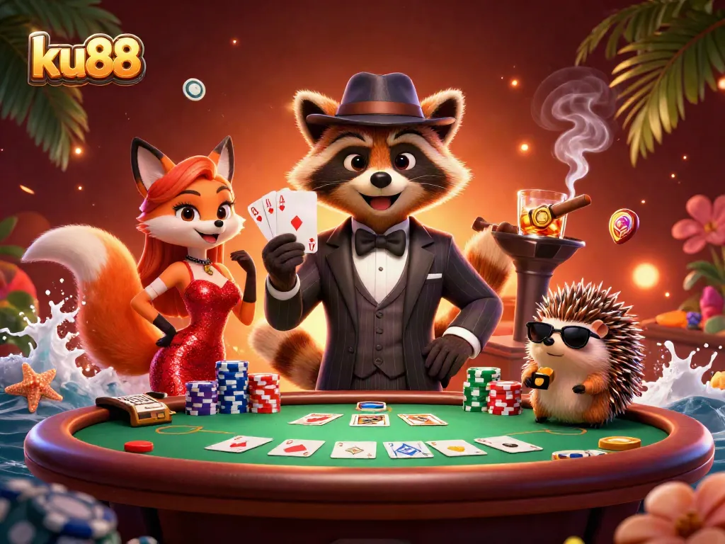 Engage with ku88’s vibrant 3D casino scene featuring a raccoon, fox, and hedgehog at a poker table.