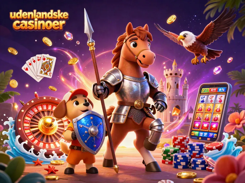 Engaging scene depicting udenlandske casinoer with a knight, squire, and falcon amidst casino elements and treasures