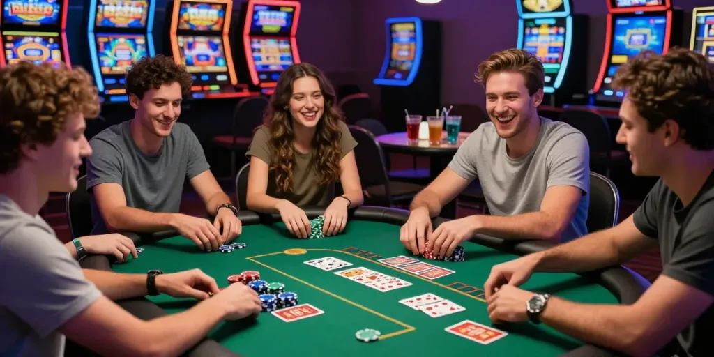 Groupe d'amis jouant aux jeux de casino avec des bonus casino sans dépôt