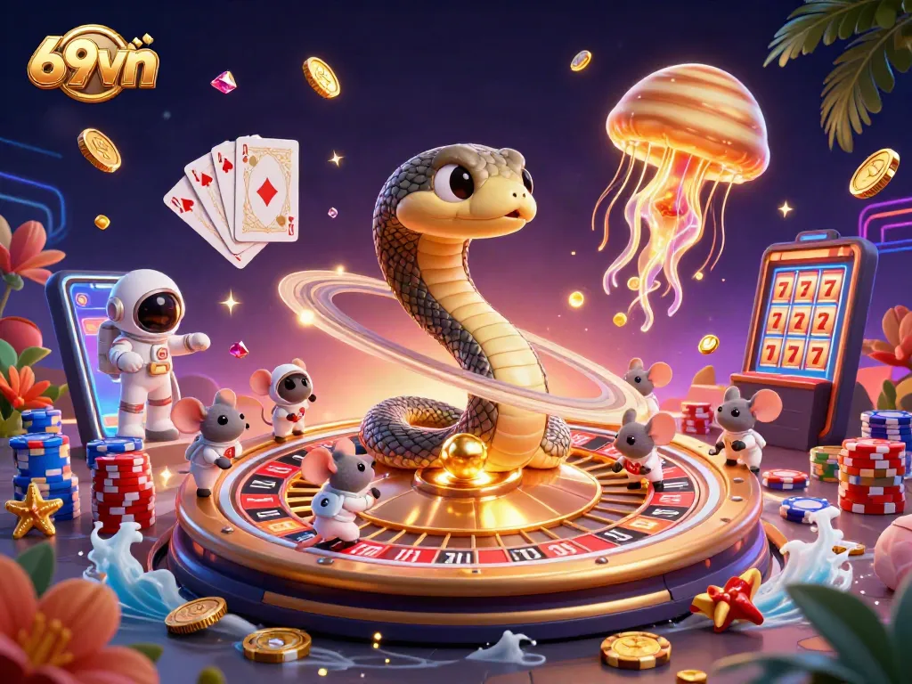 Engage in thrilling gameplay at 69vn with vibrant cartoon characters and dynamic casino elements.