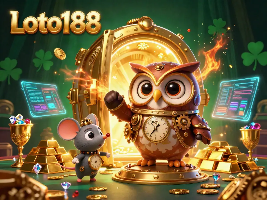 Loto188 showcases a vibrant casino scene with time-traveling characters, embodying excitement and treasure.