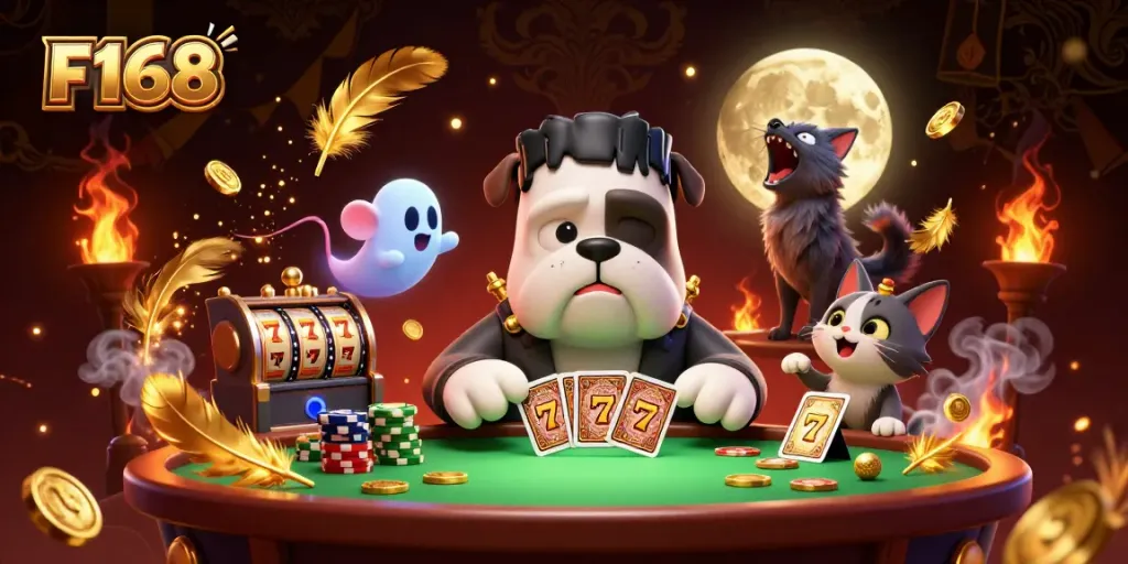 Engage with F168's thrilling gameplay featuring unique characters in an exciting casino setting.