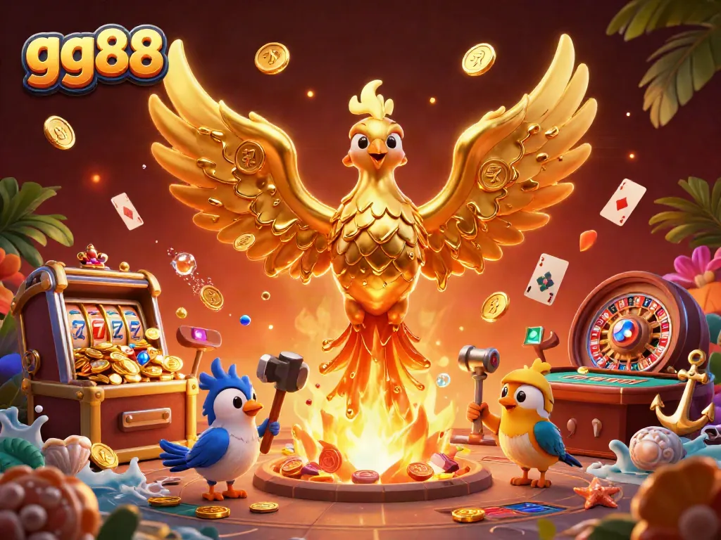 Experience the vibrant action of gg88 with a golden phoenix and casino elements in a dynamic 3D scene.