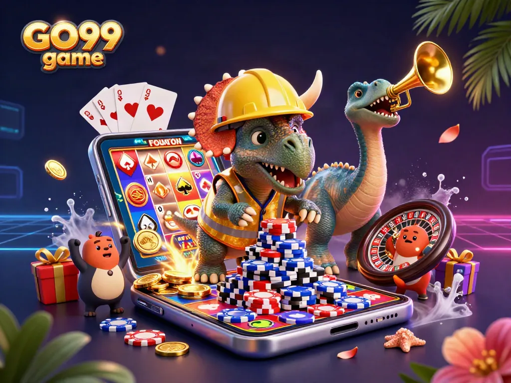 Get ready for exciting gameplay with GO99 game featuring fun 3D characters celebrating wins among colorful casino elements.