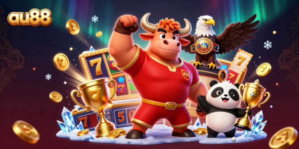 Celebrate wins at au88 with a joyous bull mascot, eagle champion, and panda trophy holders amidst rich casino elements.