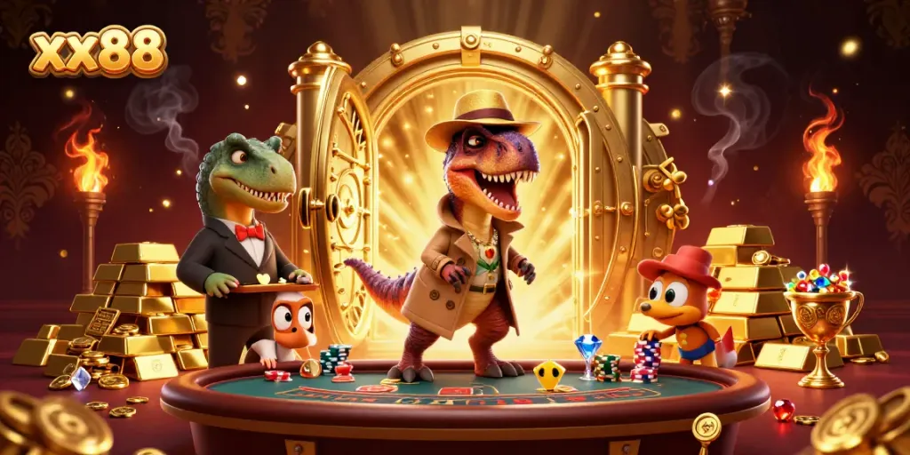 xx88 themed casino action with a velociraptor card counter and treasure vault in a vibrant 3D scene