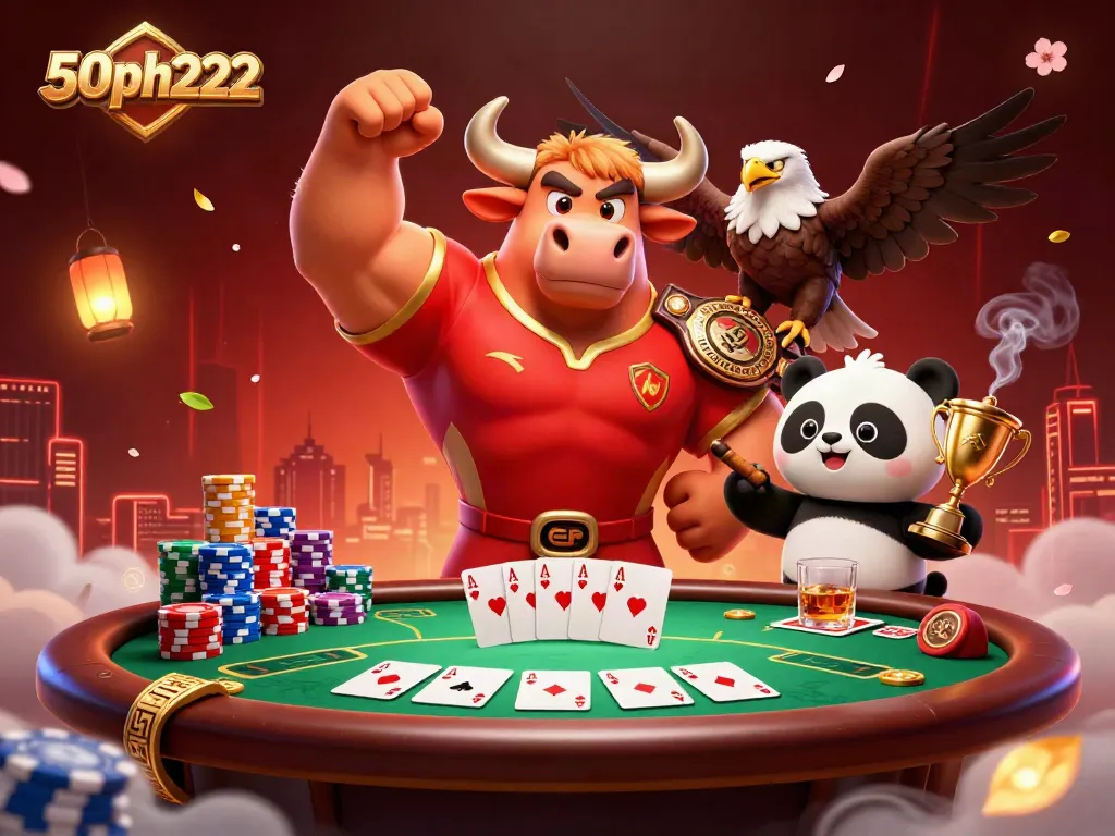 Engage with the vibrant 50ph222 scene showcasing a victorious bull mascot, eagle, and panda amidst poker elements.