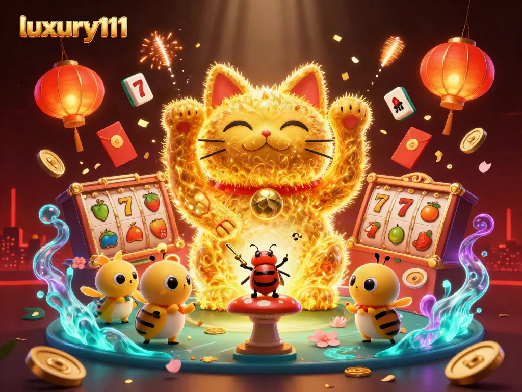 Play exciting slot games with luxury111 in a vibrant casino-themed illustration.