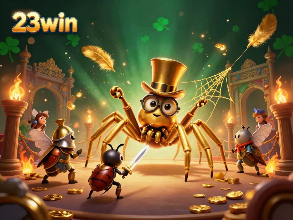 Engage with 23win's thrilling casino world, where a golden tarantula spins its golden web amidst vibrant game elements.